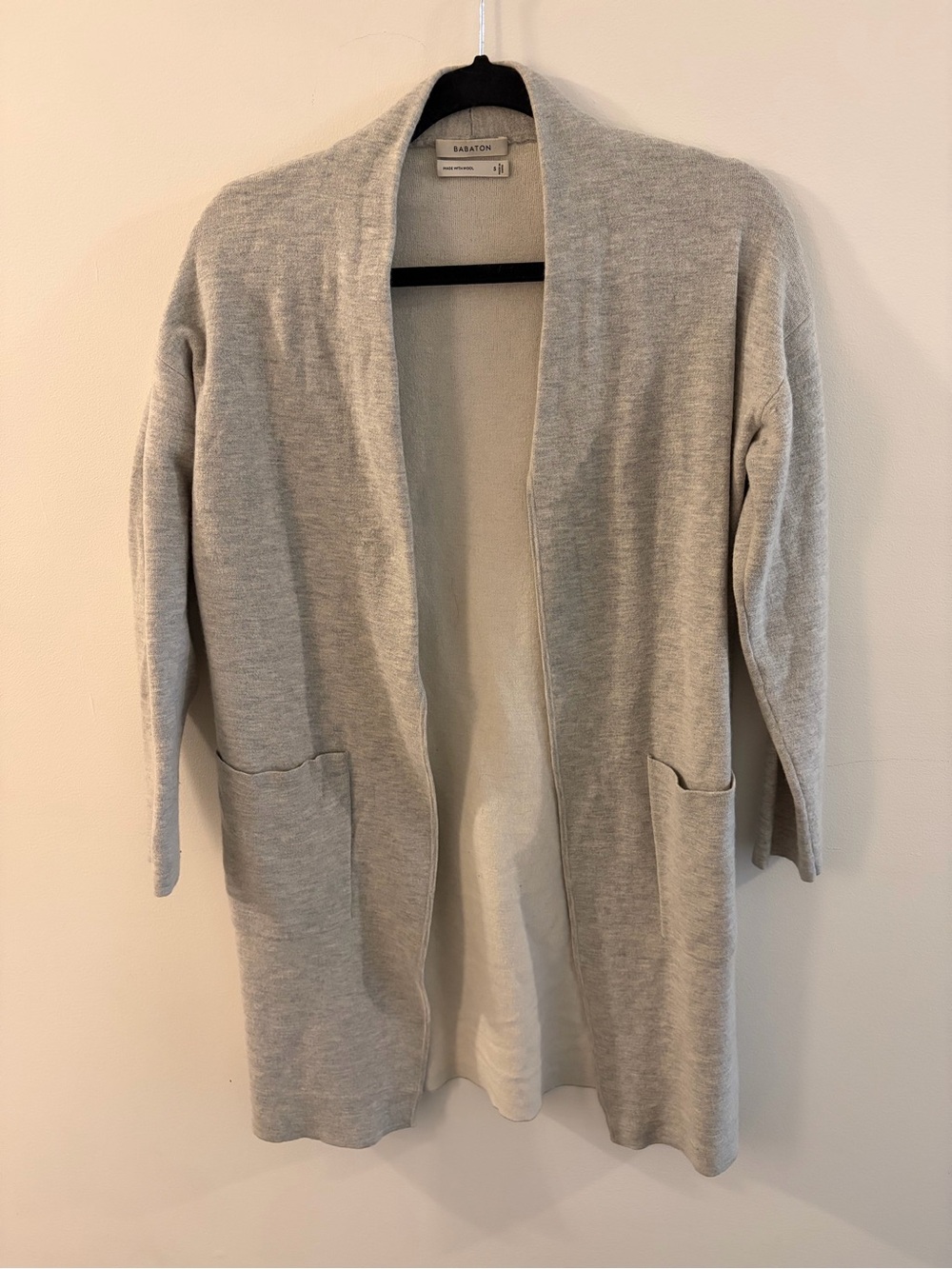 Babaton Open-Front Light Gray Pocket Wool Cardigan Sweater